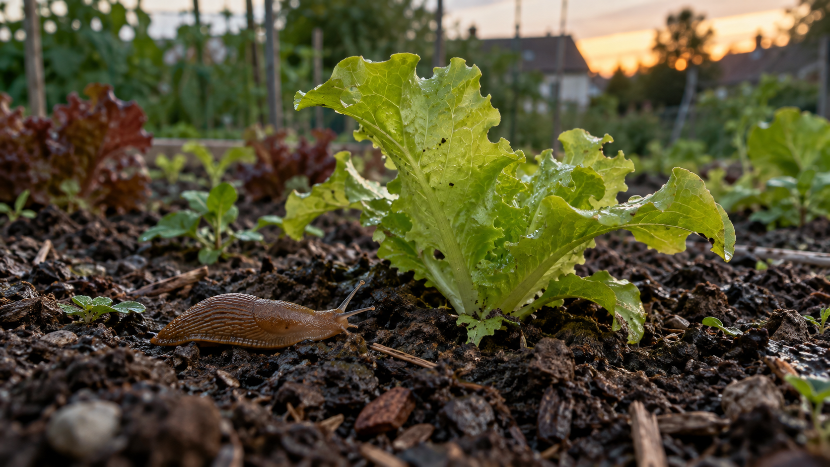 Nacktschnecke neben Salat